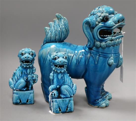 Three Chinese turquoise glazed figures of Buddhist lions tallest 27.5cm